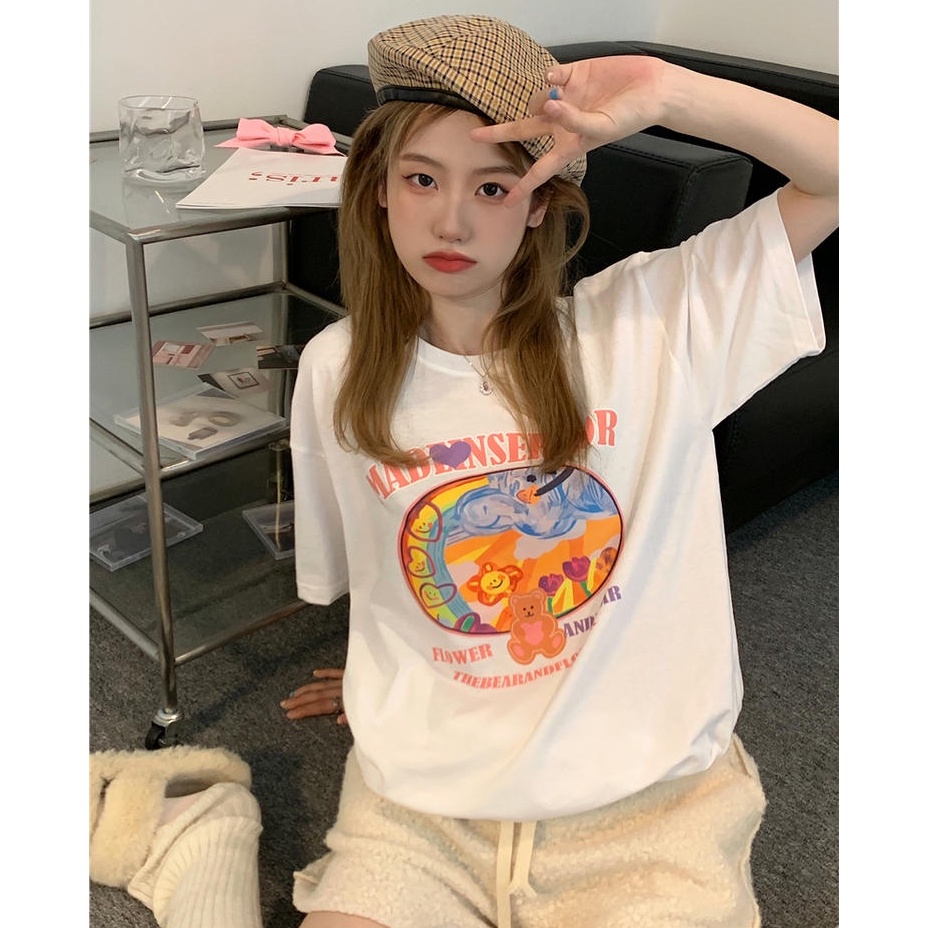 Áo Thun Dáng Rộng Ngắn Tay Cổ Tròn In Hình Gấu Và Chữ 50254 Hợp Mùa Hè