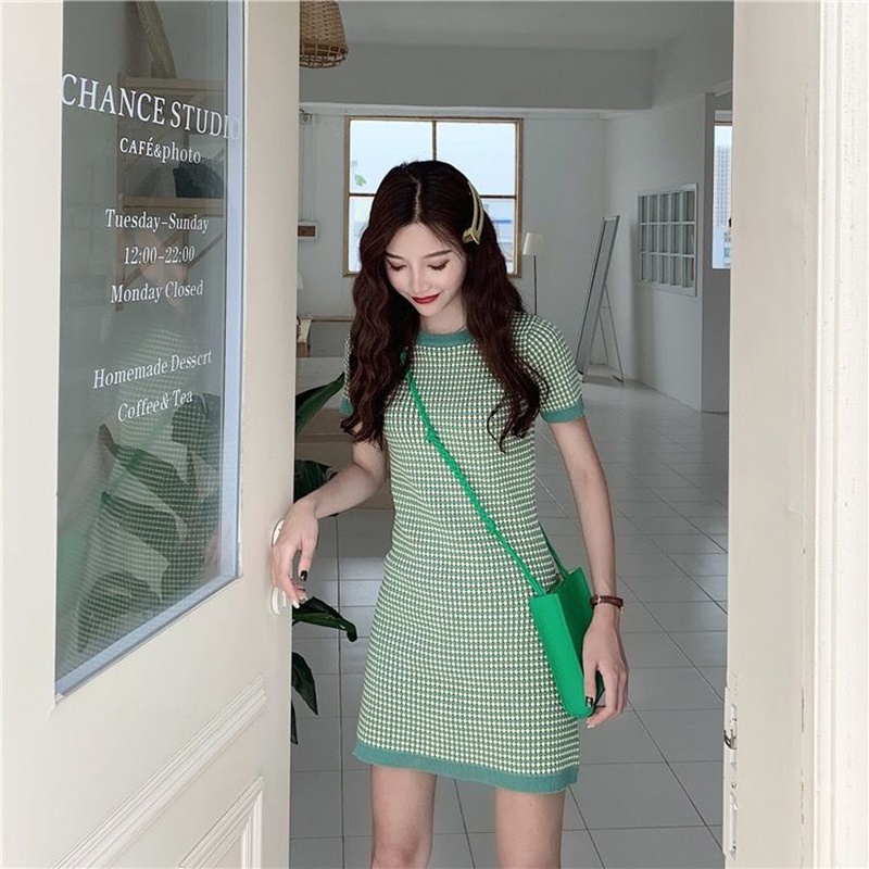 Đầm Dệt Kim Sọc Ca Rô Màu Xanh Bơ Phong Cách Pháp Xinh Xắn Cho Nữ