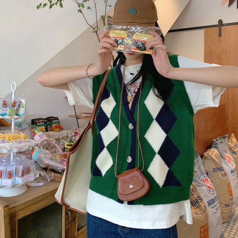 Áo gile caro cài khuy hai màu trẻ trung năng động