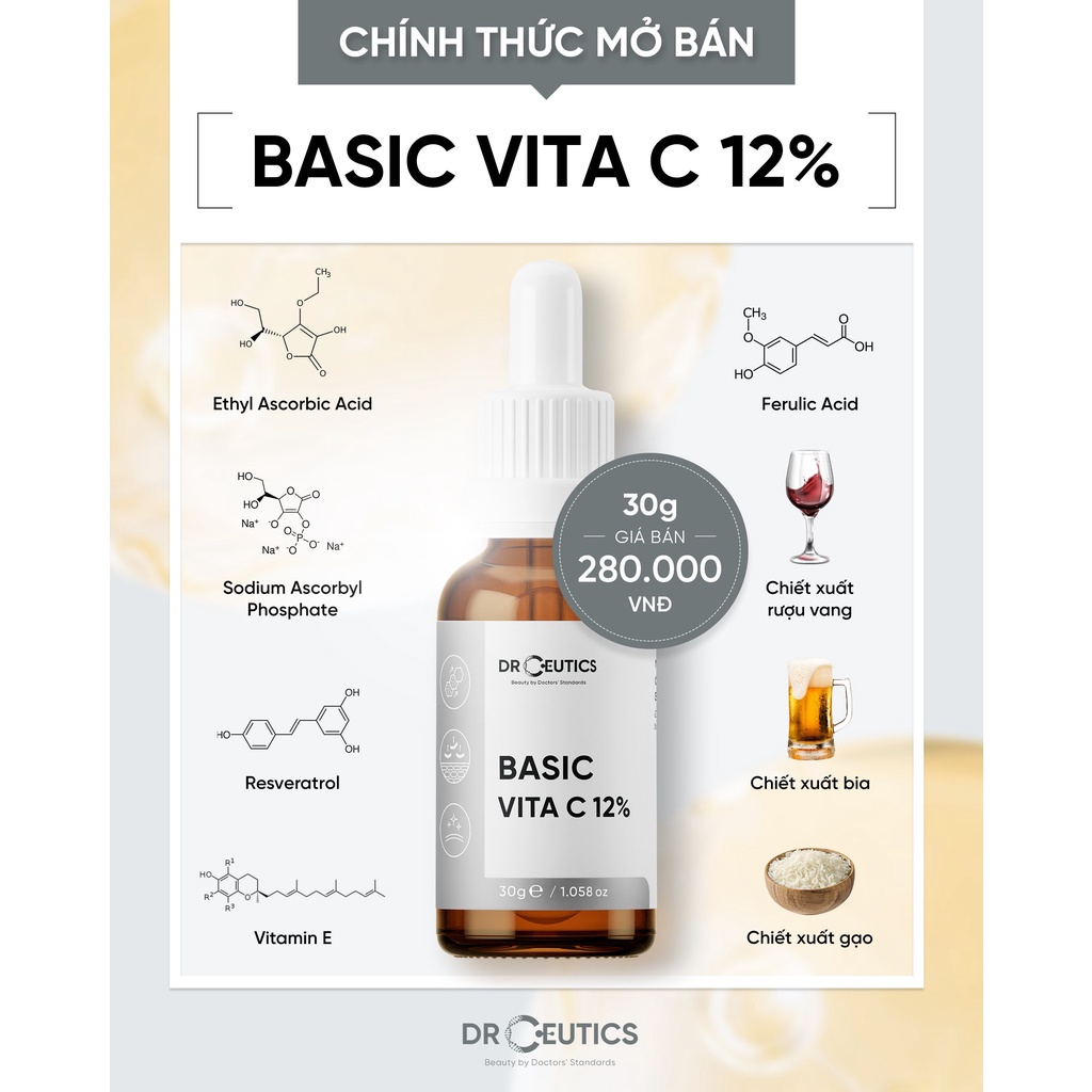 Serum DrCeutics VitaC Vitamin C 12% Basic Tinh Chất  DrCeutics Làm Sáng Đều Màu Da Chống Lão Hoá Da 30gram Dr ceutics