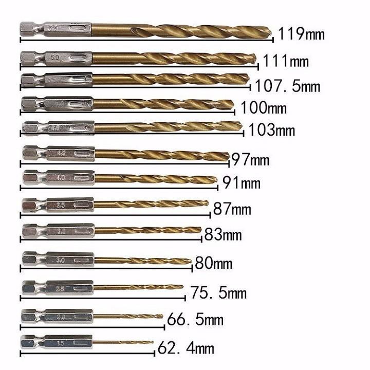 bộ 13 mũi khoan gỗ, nhôm, mica ,nhựa phủ titanium