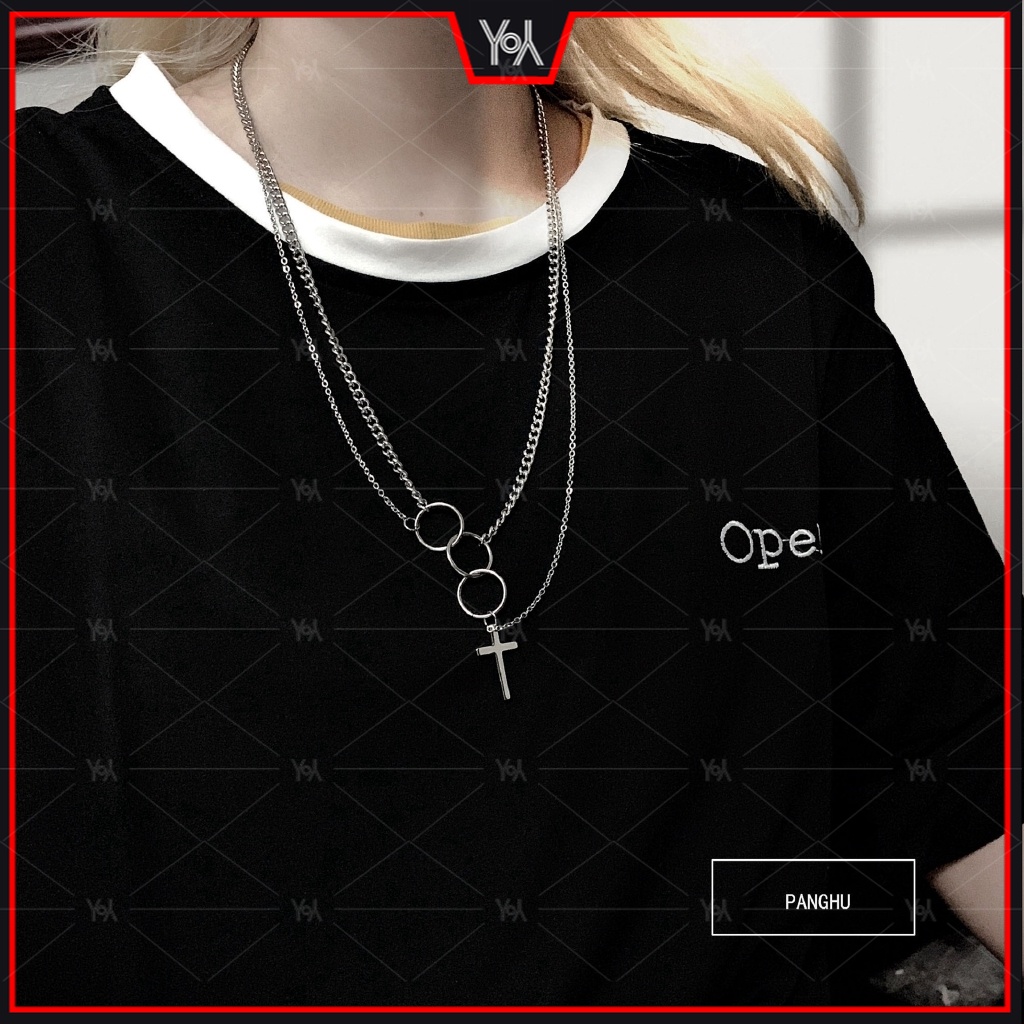 Punk titanium steel necklace tramp hip hop ring Euramerican style ins yuansuo Street personality cross double necklaces trend