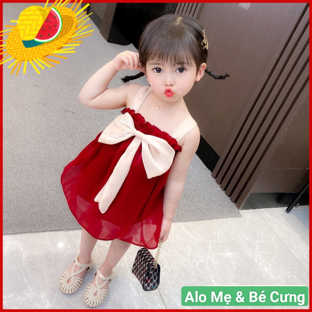 Đầm váy hở vai hai dây tiểu thư phối nơ siêu cute cho bé gái 8Kg - 20Kg. Đầm voan cho bé gái. Đầm nơ to cho bé gái.