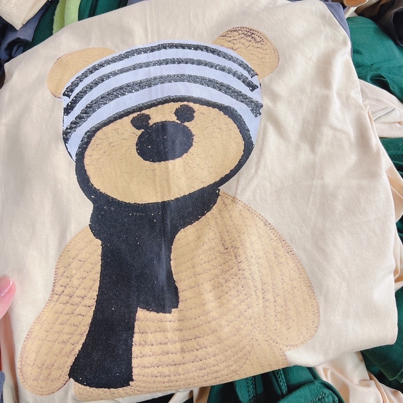 Váy thu đông dài tay chất thun cotton đầm suông in hình chú gấu màu đen be xanh