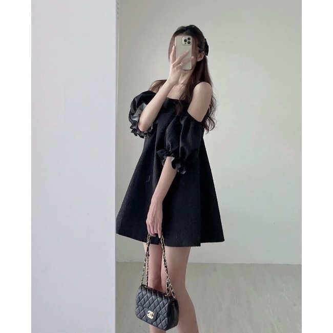 [Ảnh thật/Video]Váy trễ vai xốp sần Súuu MỚI tay rời mặc được hai kiểu Đầm trễ vai hai lớp sang chảnh