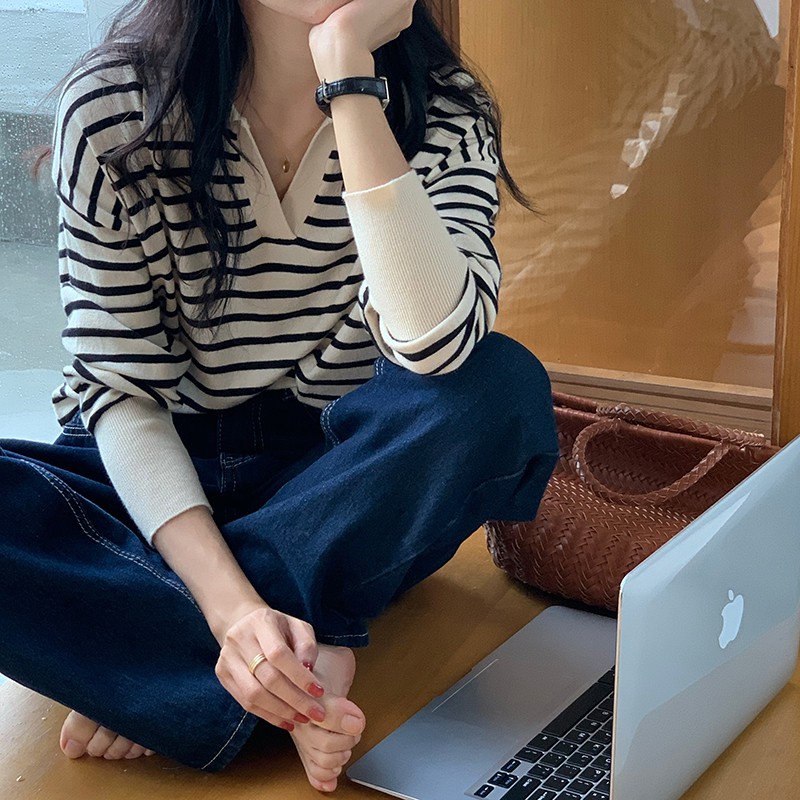 Áo Dệt Kim Tay Dài Cổ Polo Họa Tiết Kẻ Sọc Màu Sắc Thời Trang Cho Nữ