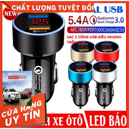 Tẩu Sạc Nhanh Xe Hơi QC 3.0 2 USB, Có Đèn Led Báo Điện Áp,Cốc Sạc Ô Tô Cho Điện Thoại Củ Sạc Xe HơiTươngThíchMọiThiết Bị