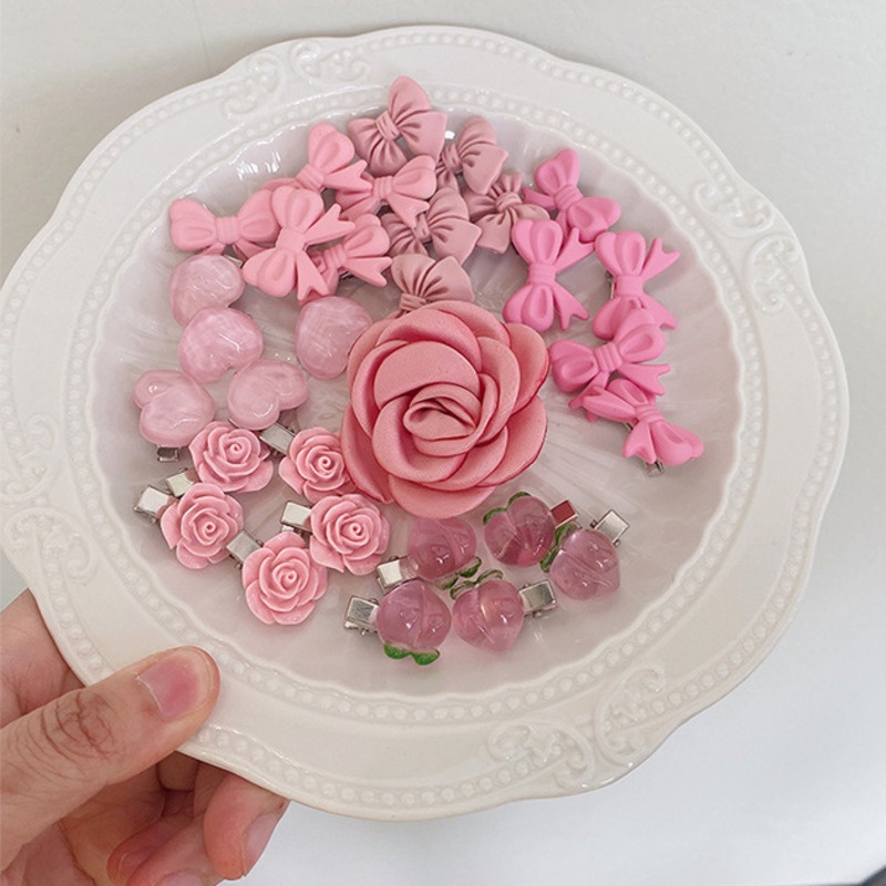 Kẹp Tóc Hình Trái Tim/Hoa Trà/Quả Đào Màu Hồng Xinh Xắn