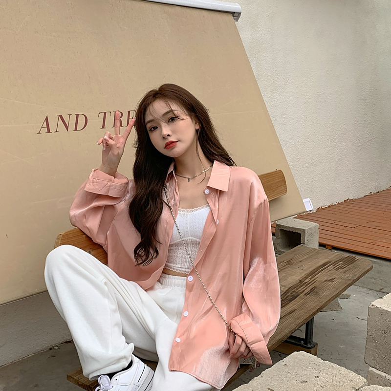 Áo sơ mi nữ dài tay màu hồng sáng nhũ phong cách cổ điển