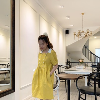 Đầm Linen cổ sơmi cách điệu hàng cúc
