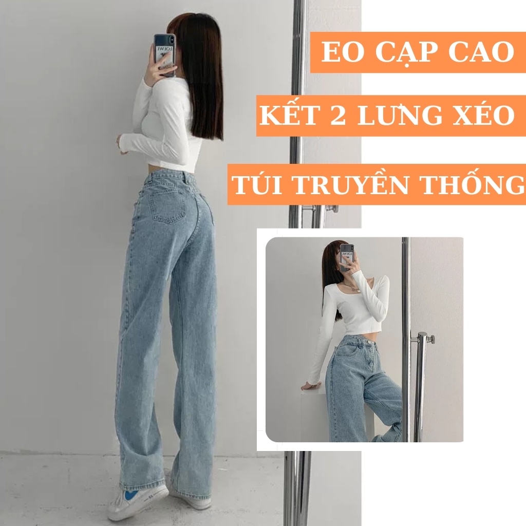 Quần Jean Ống Rộng Lưng Cao Phối Kiểu Lạ Mắt Màu Xanh Nhạt