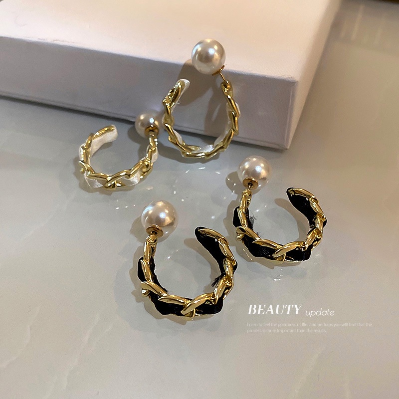 Bông tai mạ bạc 925 hình chữ C đính ngọc trai thời trang thanh lịch