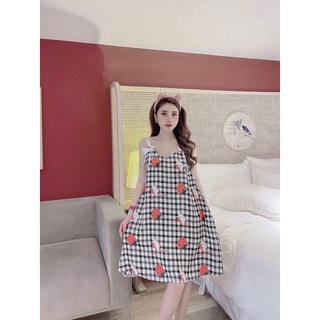 Đầm Ngủ, Đầm Lụa Dây Phối Nơ Chất Lụa Dễ Thương - Dáng Chữ A