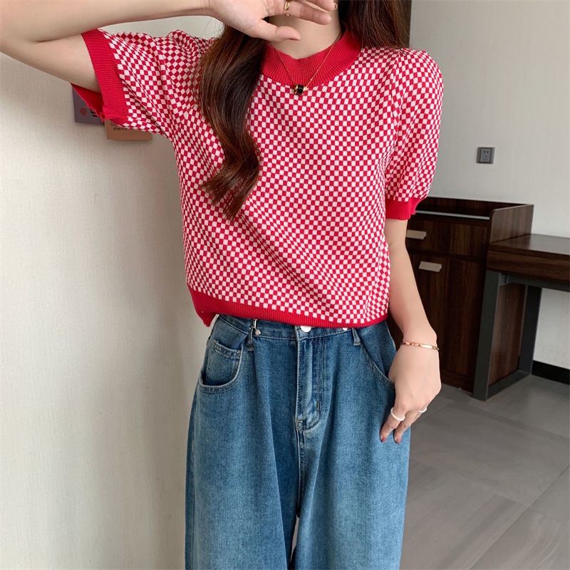 Áo dệt kim Pure Cube ngắn tay họa tiết kẻ sọc caro màu sắc tương phản thời trang mùa hè cho nữ