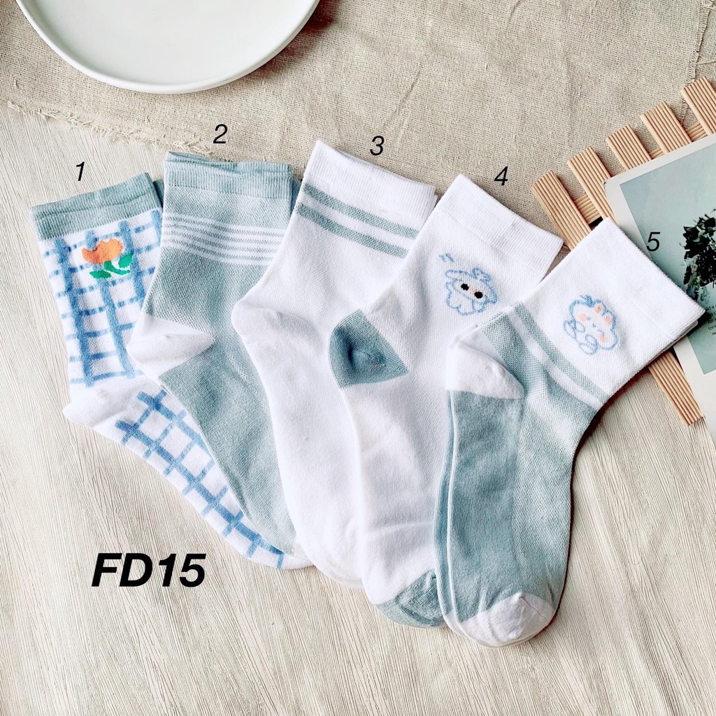 Tất cổ cao, vớ cổ cao nữ trắng họa tiết hình thú xinh xắn vải cotton co giãn thời trang Hàn Quốc