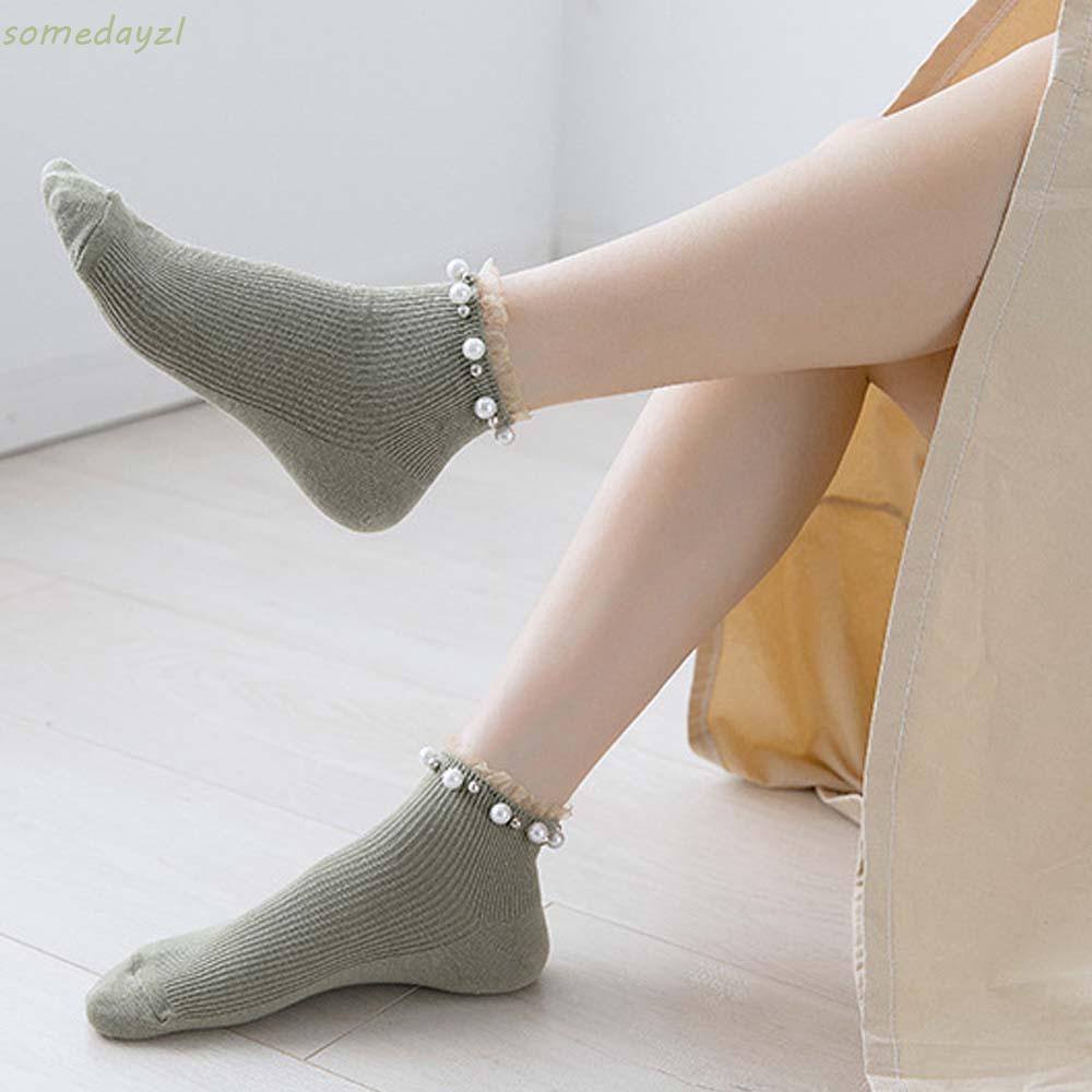 Tất Cotton Phối Ren Đính Ngọc Trai Xinh Xắn Dành Cho Nữ