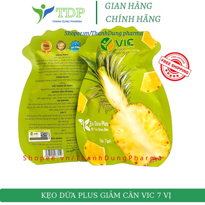 Kẹo dứa giảm cân plus VIC organic, hỗ trợ giảm mỡ, giảm thèm ăn ( 1 túi 7 viên) hàng cty