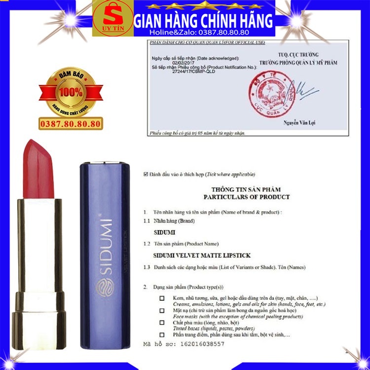 Son siêu lì không trôi khi ăn uống xịn cao cấp chính hãng Sidumi hàn quốc lâu trôi dạng thỏi màu đỏ nâu đất cam cháy 24h