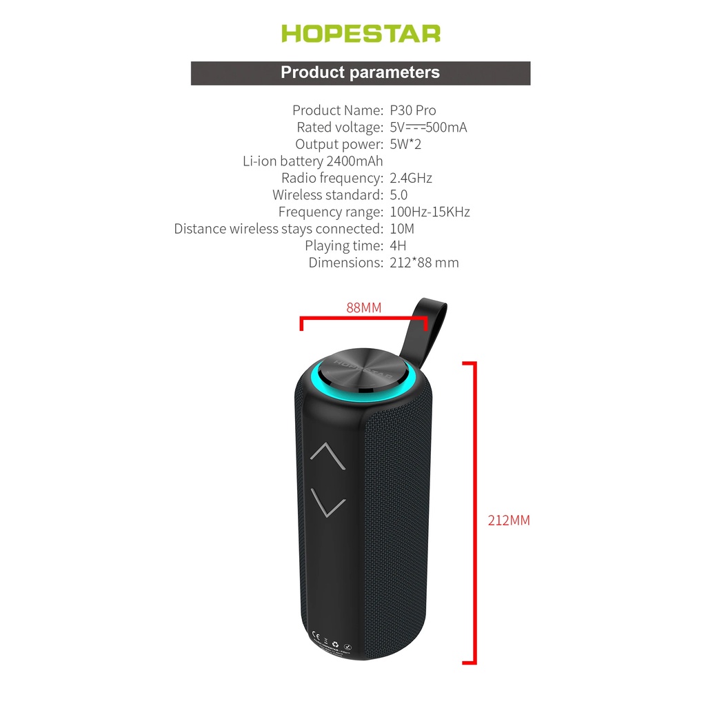 Loa bluetooth cao cấp HopeStar P30 Pro - BLT 5.0, Bass mạnh, Đèn Led, IPX6, CS 16W (Màu Random) - Phụ Kiện 1986