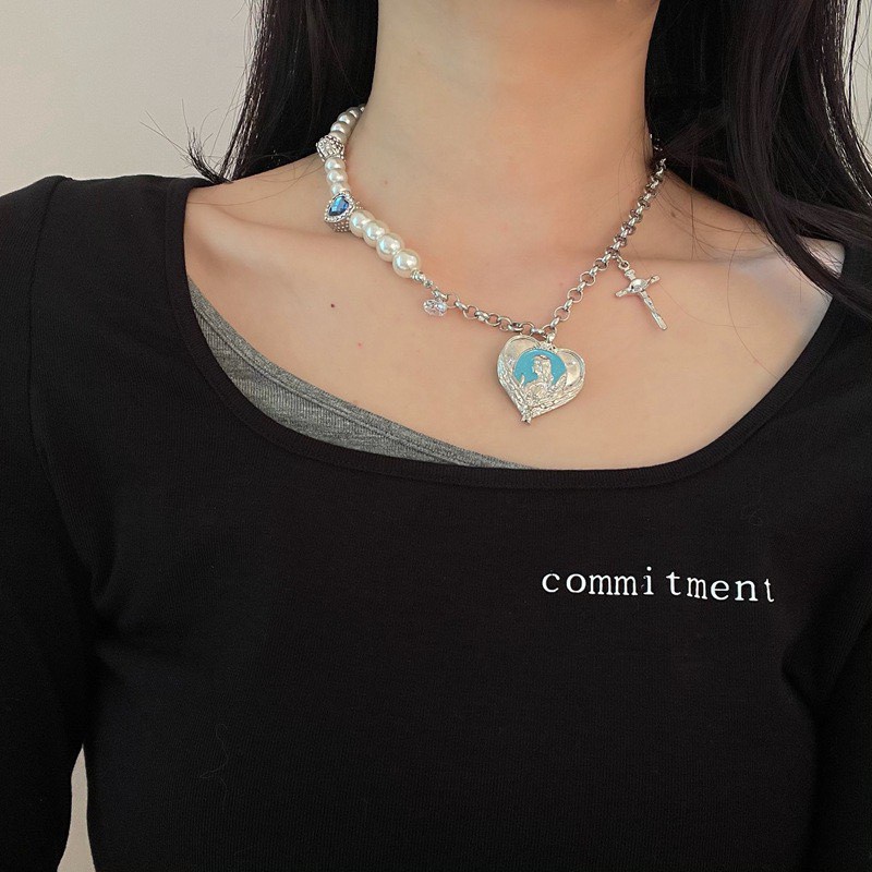 Vòng cổ mặt thánh giá đính ngọc trai phong cách Âu Mỹ thời trang