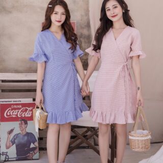 đầm caro tà đắp chéo cột nơ eo