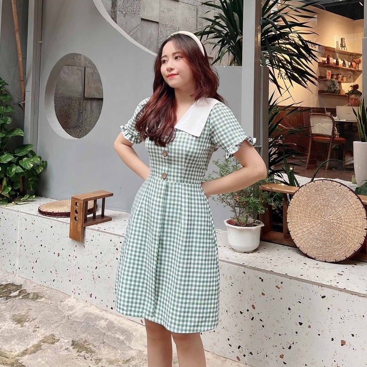 Đầm nữ caro công sở thiết kế xinh cổ v xòe tay ngắn thanh lịch trẻ trung xanh lá thời trang đi làm đi chơi – Lux W