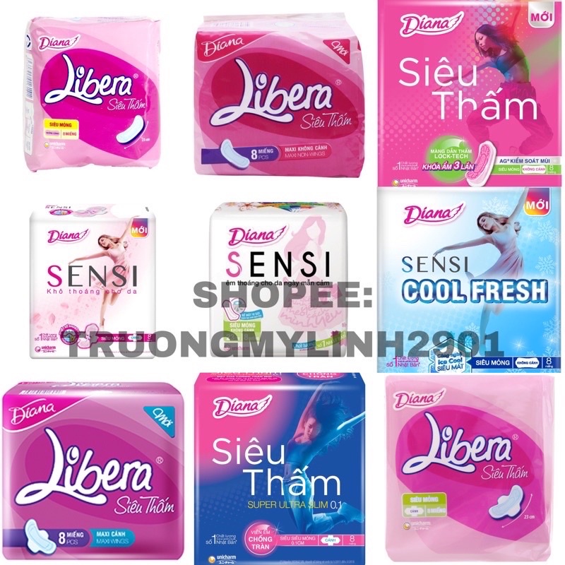 Băng vệ sinh Diana Dày &amp; Mỏng siêu thấm/ Cool Fresh/ Sensi/ Libera