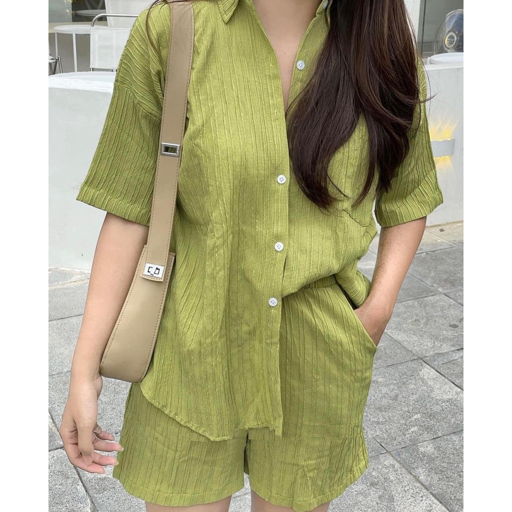 Sét Bộ Đũi Gân sước Buộc Nơ Lưng- đồ bộ áo sơ mi cộc tay lỡ phối cúc quần short lưng cao màu xanh cốm phong cách ulzzang