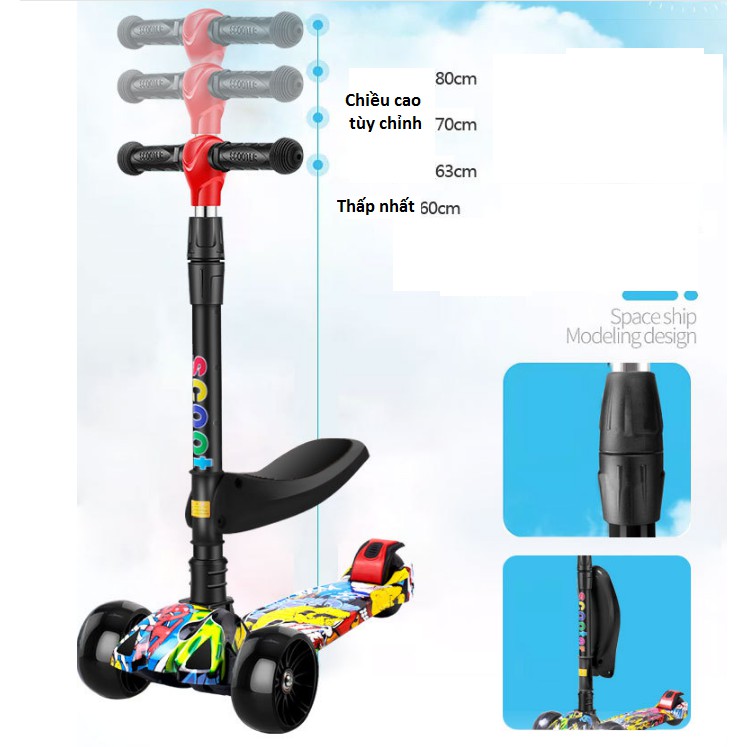 Xe trượt scooter gập gọn cho bé có ĐÈN  và Nhạc, bánh xe lớn