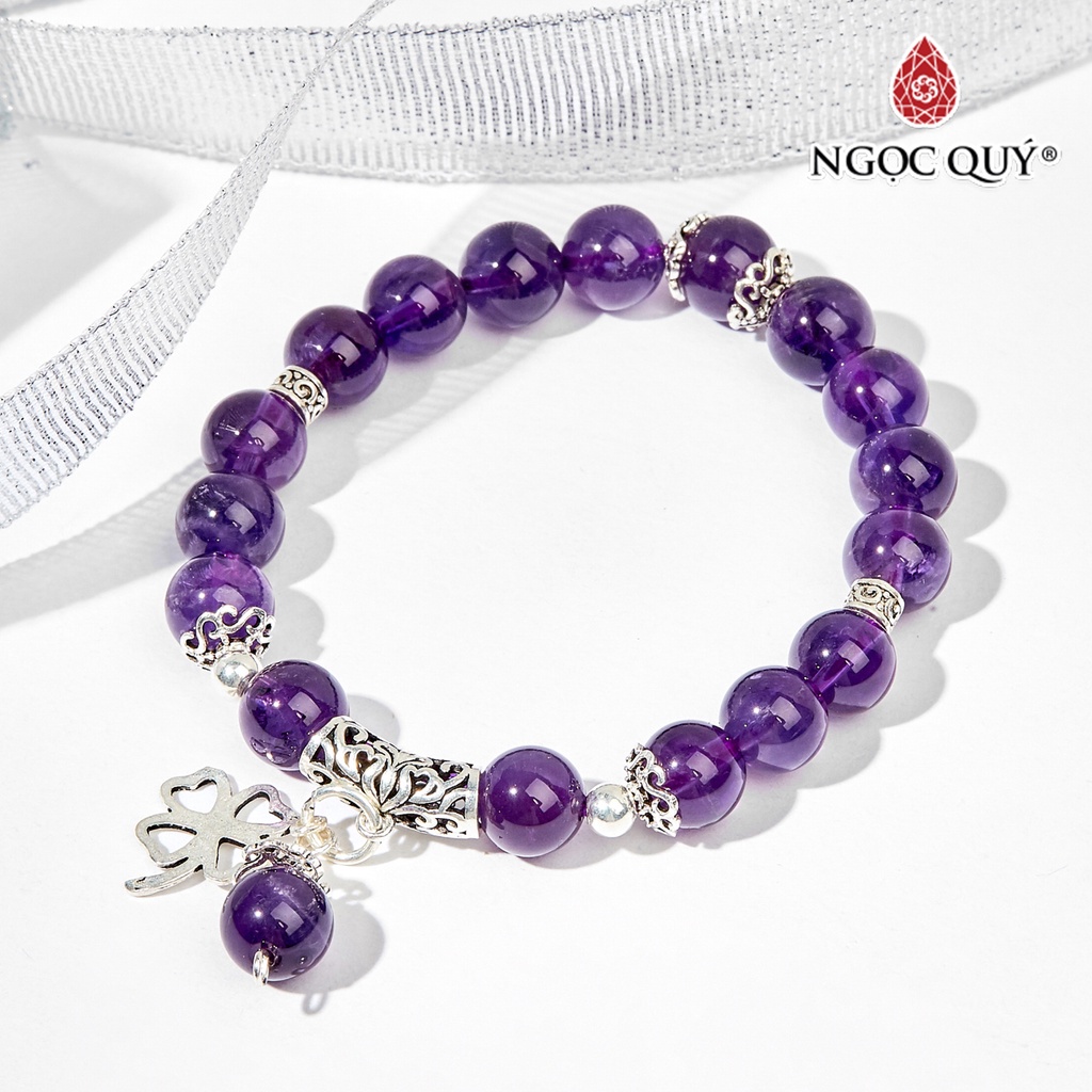 Vòng tay TA tím phối charm cỏ 4 lá - Ngọc Quý