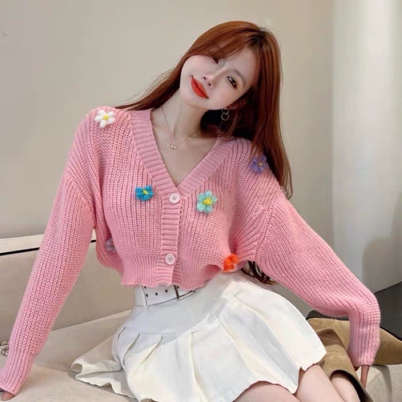 Áo kiểu cadigan khoác ngoài gắn 6 hoa len BH6