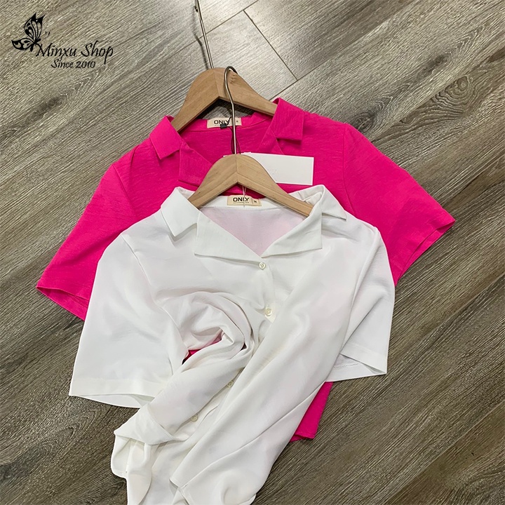 Áo sơ mi nữ ngắn tay cổ vest form rộng, chất vải đũi tơ dày dặn không nhăn mát lịm phong cách Hàn Quốc Minxu shop OC09