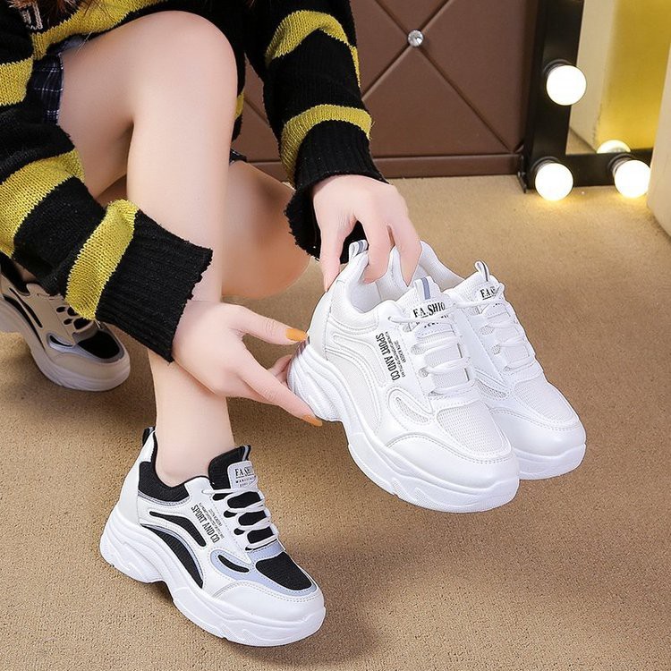 Giày thể thao nữ độn đế màu trắng, Giày sneaker nữ đế cao phong cách Hàn Quốc