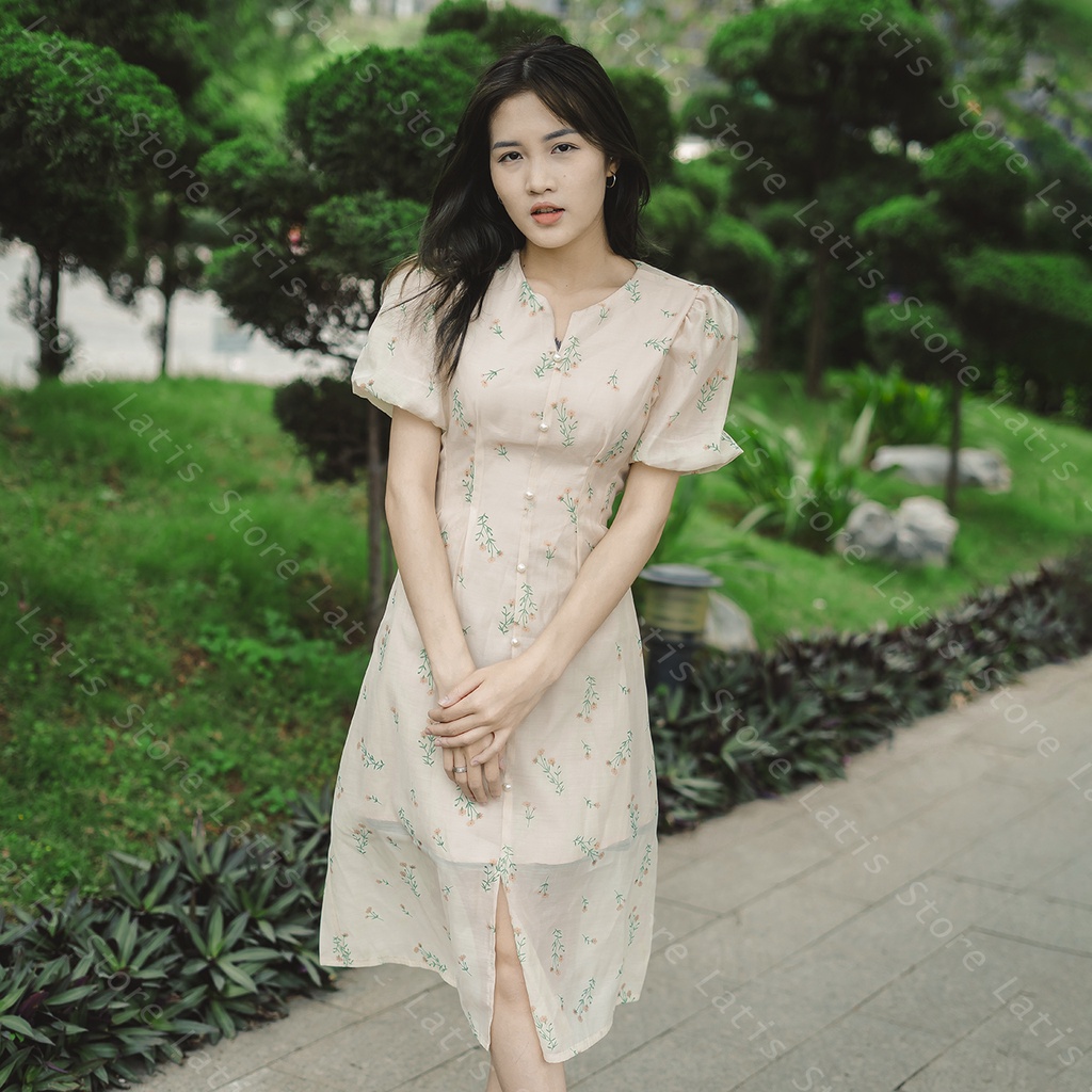 Váy Hoa Nhí Vintage Dáng Dài Xẻ Tà, Đầm Hoa Nhí Tơ Nến Tay Bồng Hàng Thiết Kế Latis Store