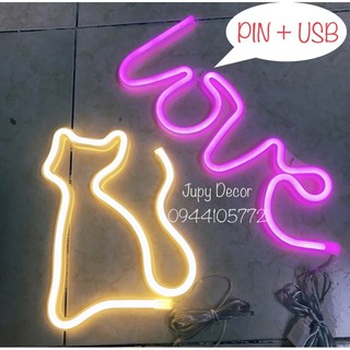[PIN+USB] combo 2 đèn neon chữ love & con mèo decor phòng cực cute