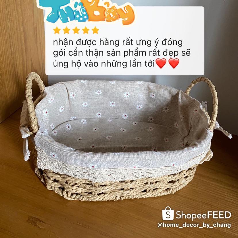 Giỏ cói lót vải đựng mỹ phẩm, đựng đồ cá nhân, trang trí kệ, chụp ảnh sản phẩm decor xinh xắn Hình bầu dục có quai | BigBuy360 - bigbuy360.vn