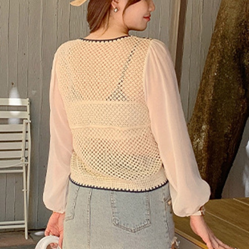 Áo Khoác Cardigan Dệt Kim Tay Dài Cổ Chữ V Phối Nút Thiết Kế Đục Lỗ Thời Trang