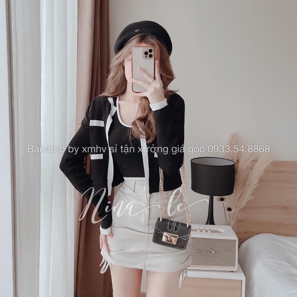 Chân váy da dây rút 2 bên chất da mềm màu đen nâu kem hottrend cá tính thời trang Banamo Fashion 5912 | BigBuy360 - bigbuy360.vn