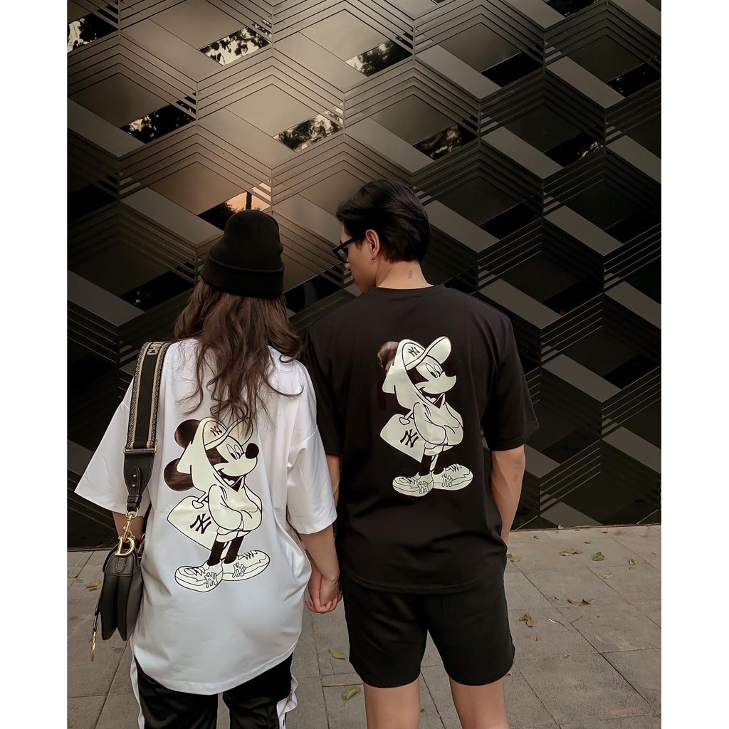 Áo thun đôi Mickey x NY- Áo thun tay ngắn form rộng vải thun 100% co dãn 4 chiều - Full size