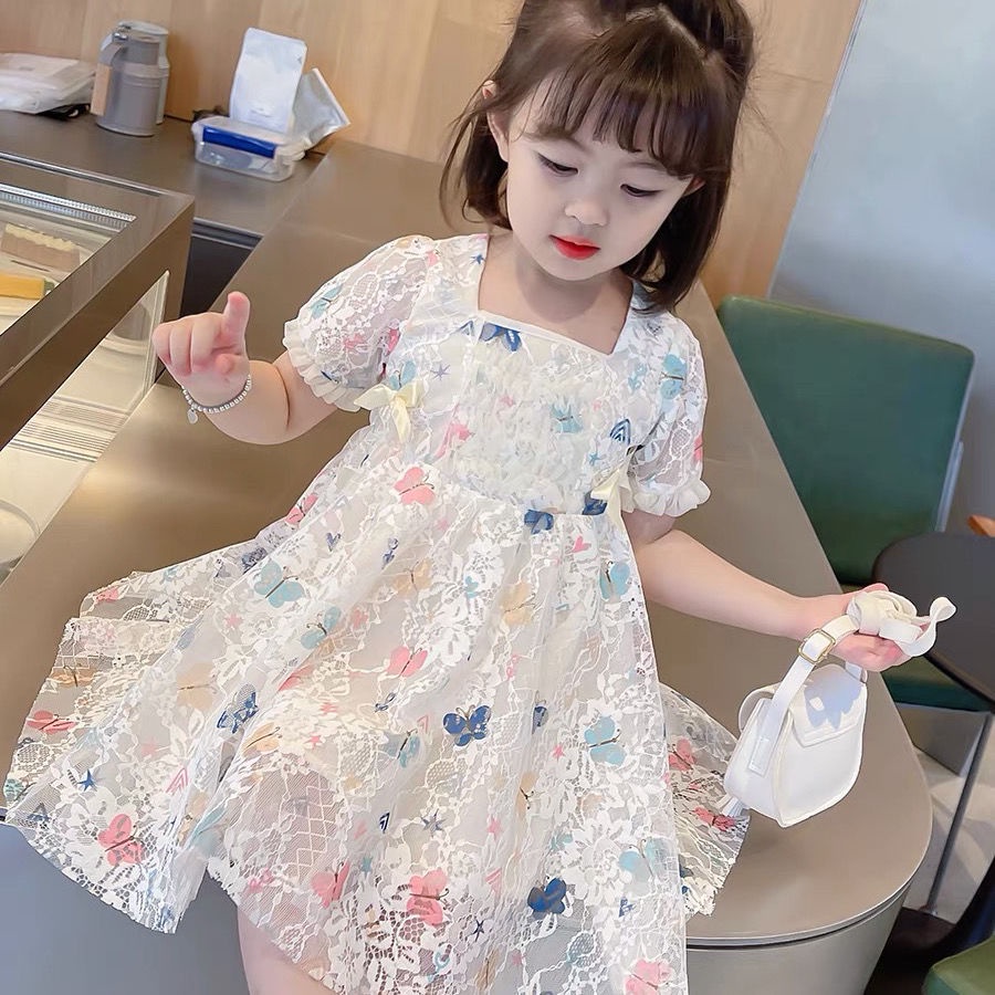 Đầm công chúa tay ngắn phối ren lưới phong cách Hàn Quốc thời trang mùa hè cho bé gái