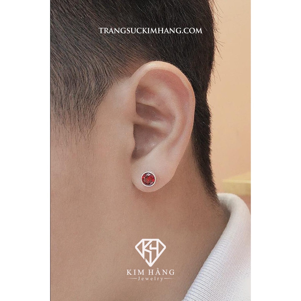 Khuyên Tai Bạc Bao Chấu Nụ Tròn Đá Đỏ KHJER068 - Chốt Đẩy