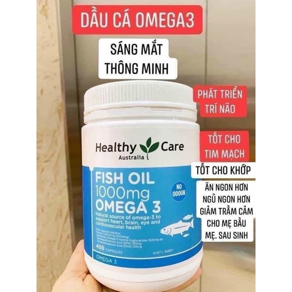 Dầu cá Healthy Care Fish oil 1000mg Omega 3 400v Úc giúp sáng mắt, tốt cho xương khớp và tim mạch, phát triển trí não