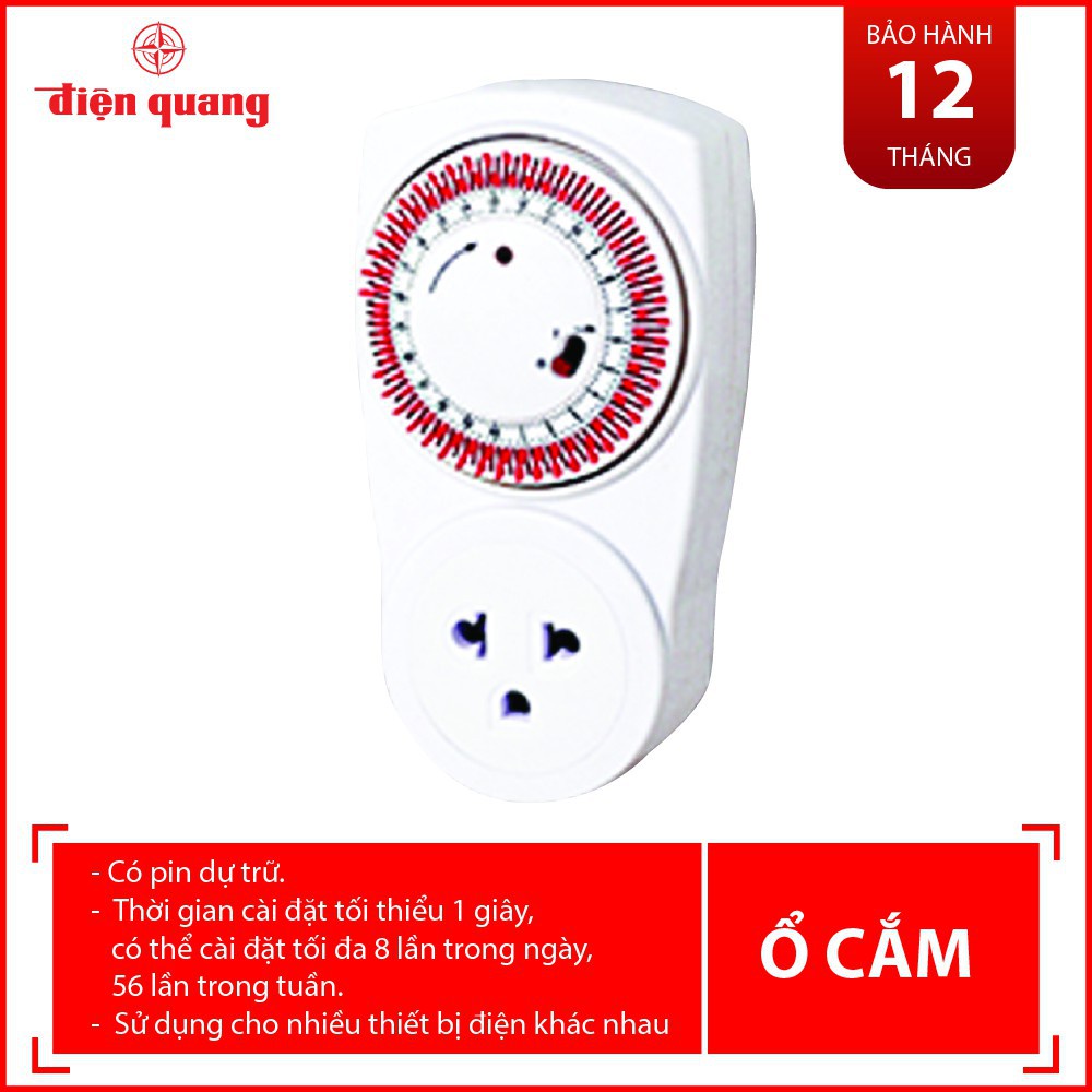 Ổ cắm hẹn giờ Điện Quang ĐQ ESK MT03 WR 13 - Điều chỉnh cơ - 1 lỗ 3 chấu - màu trắng – đỏ