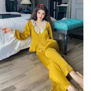 Bộ lụa tay dài viền bèo miemmoc bộ mặc nhà sang chảnh dễ thương