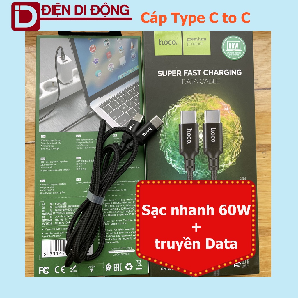 Cáp sạc type c to c Hoco X14 sạc nhanh PD 60W và truyền dữ liệu dài 1M