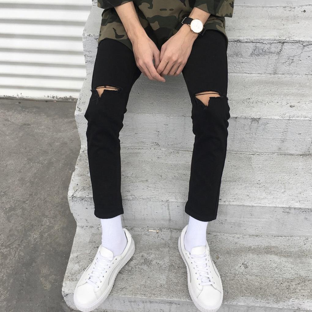 Quần Jean Nam Rách Gối Màu Đen Vải Co Giãn, Không Phai Màu Dáng Skinny Phong Cách Hàn Quốc-J04
