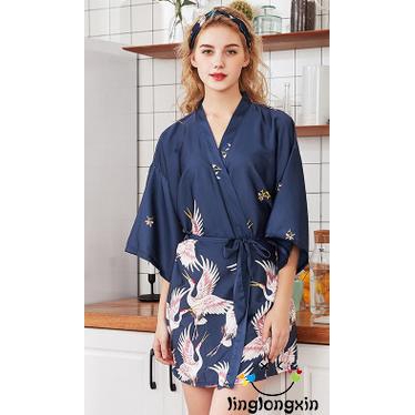 Đầm ngủ kiểu Kimono họa tiết chim cò phối dây cột thắt lưng quyến rũ cho nữ