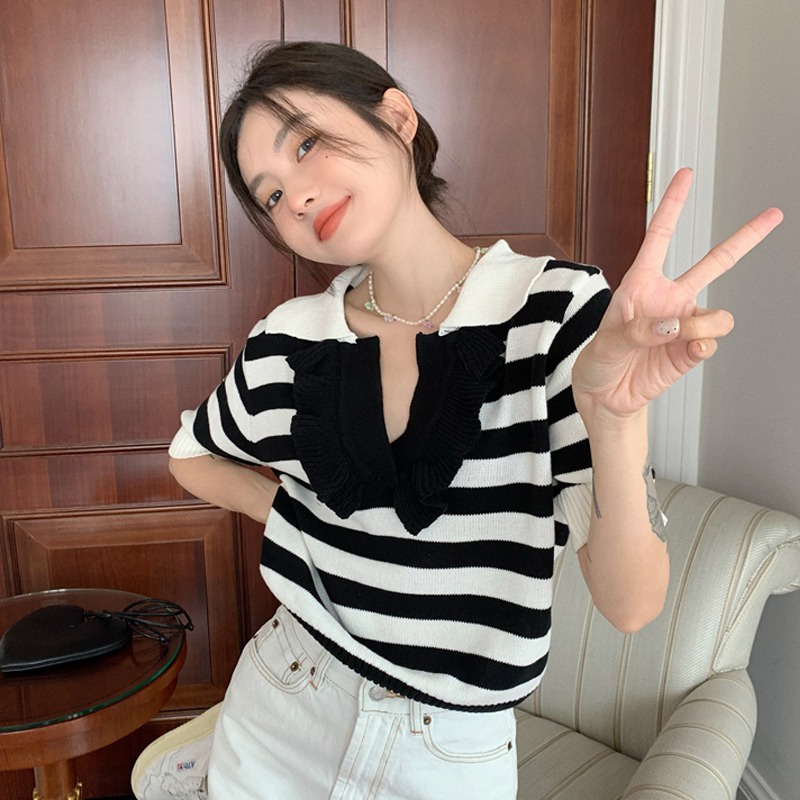 Áo thun polo dệt kim ZHELIHANGFEI dáng rộng kẻ sọc cá tính