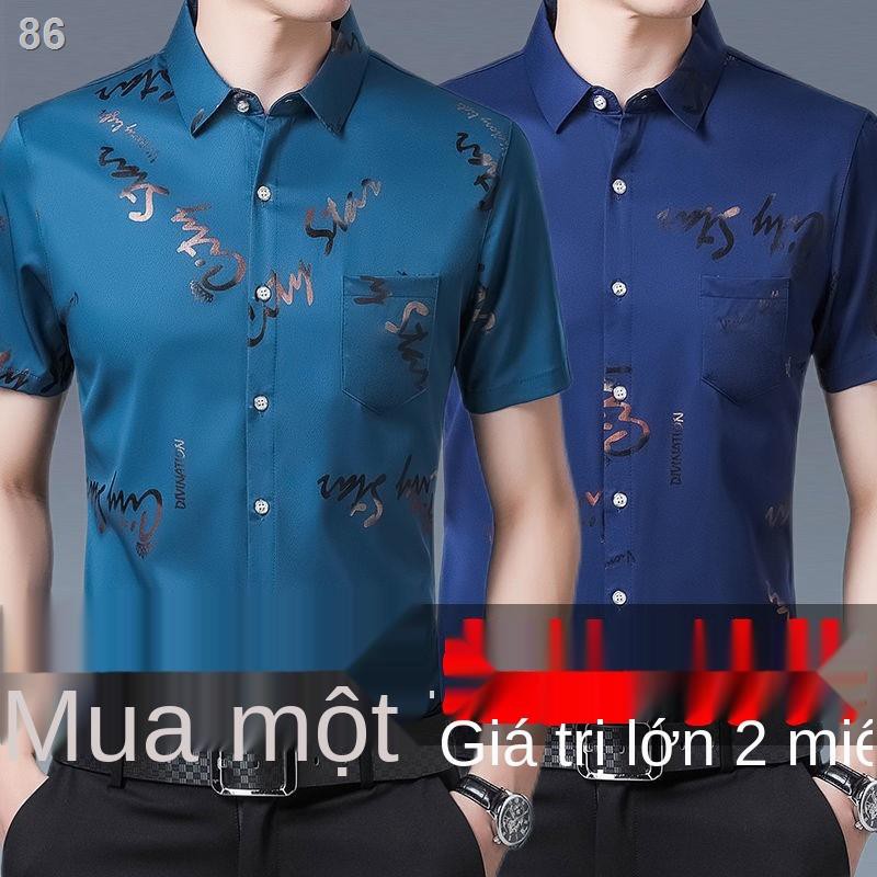 Áo sơ mi nam ngắn tay lụa băng mới mùa hè thoáng khí và không ủi chống- áo sơ mi nhăn Inch thường mỏng phù hợp cho các ô