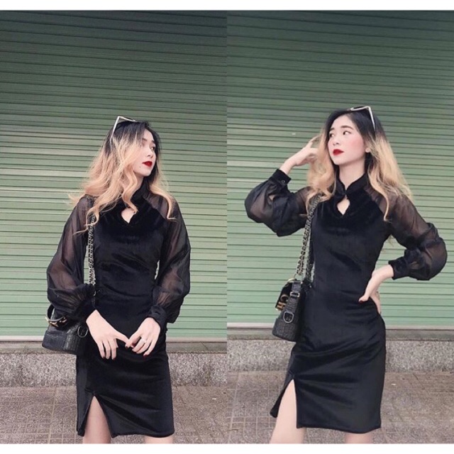 CHINESE DRESS đầm nhung sườn sám phối tay lưới đen, đỏ